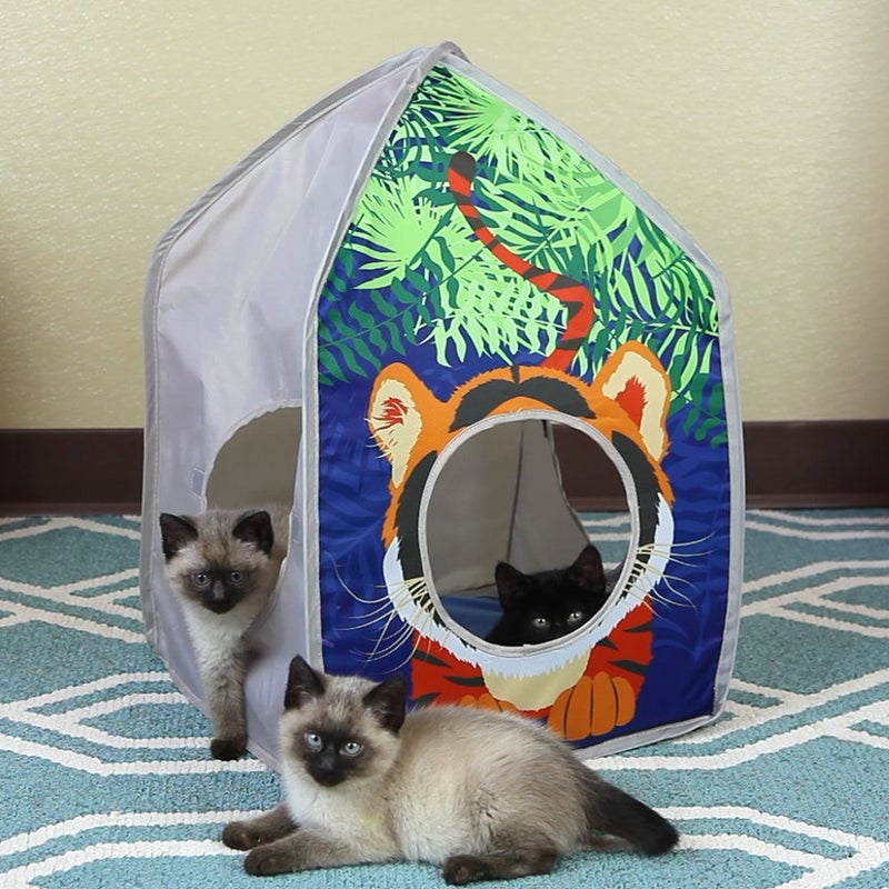 Kitty City Safari Jungle Tiger Pop-Up Cat House, Collapsible Indoor Cat Hideout with Peekaboo Openings, Lightweight Foldable Cat Playhouse - Image 4